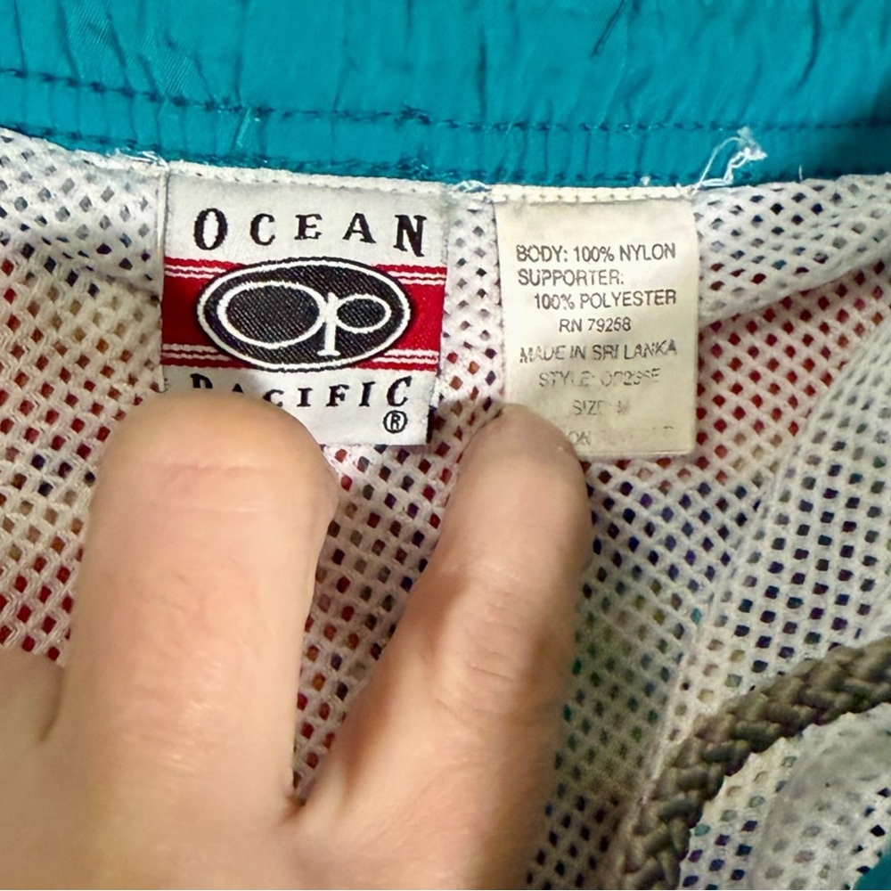 Vintage OP Ocean Pacific Lined Swim Trunks Teal Floral Surf Hawaiian Mens Medium - Picture 3 of 3